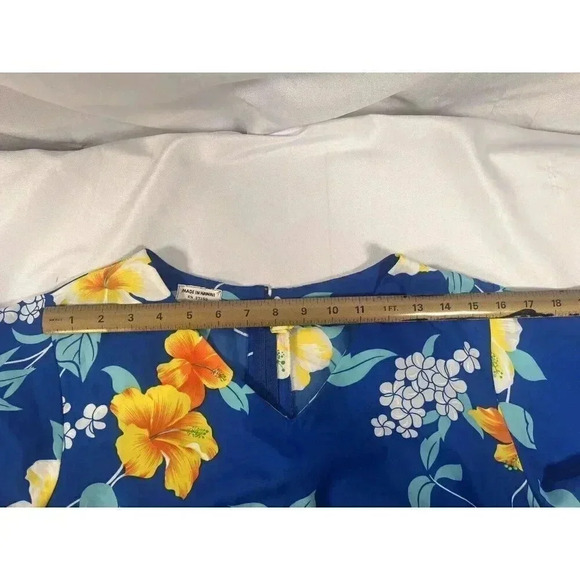 Made in Hawaii Vintage MuuMuu Maxi Dress Blue with Yellow Hibiscus Ladies Sz 14 - Picture 9 of 9